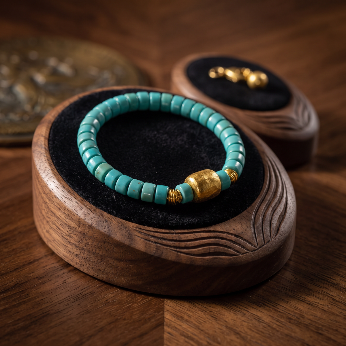 24k 999 Gold Hammered Charm Natural Turquoise Beads Bracelet
