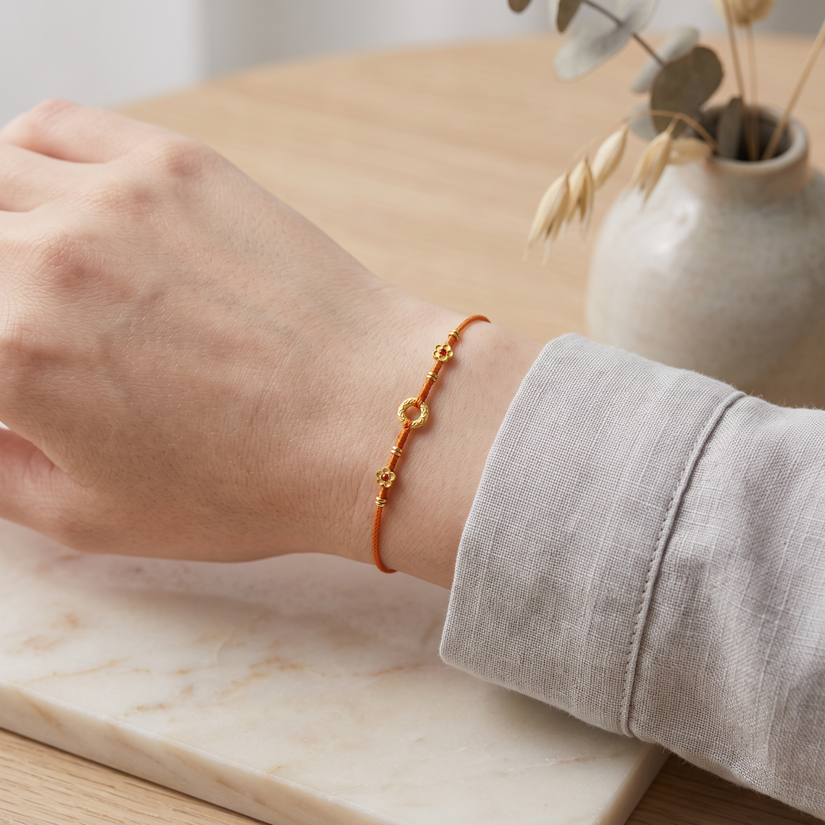 24k 999 Gold Charm Ultra Thin Cord Adjustable Unisex Bracelet