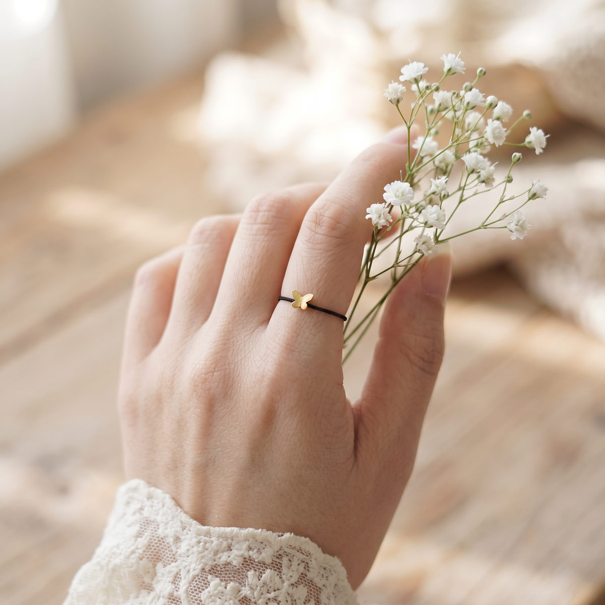 24k 999 Gold Butterfly Minimal Style Charm Cord Ring