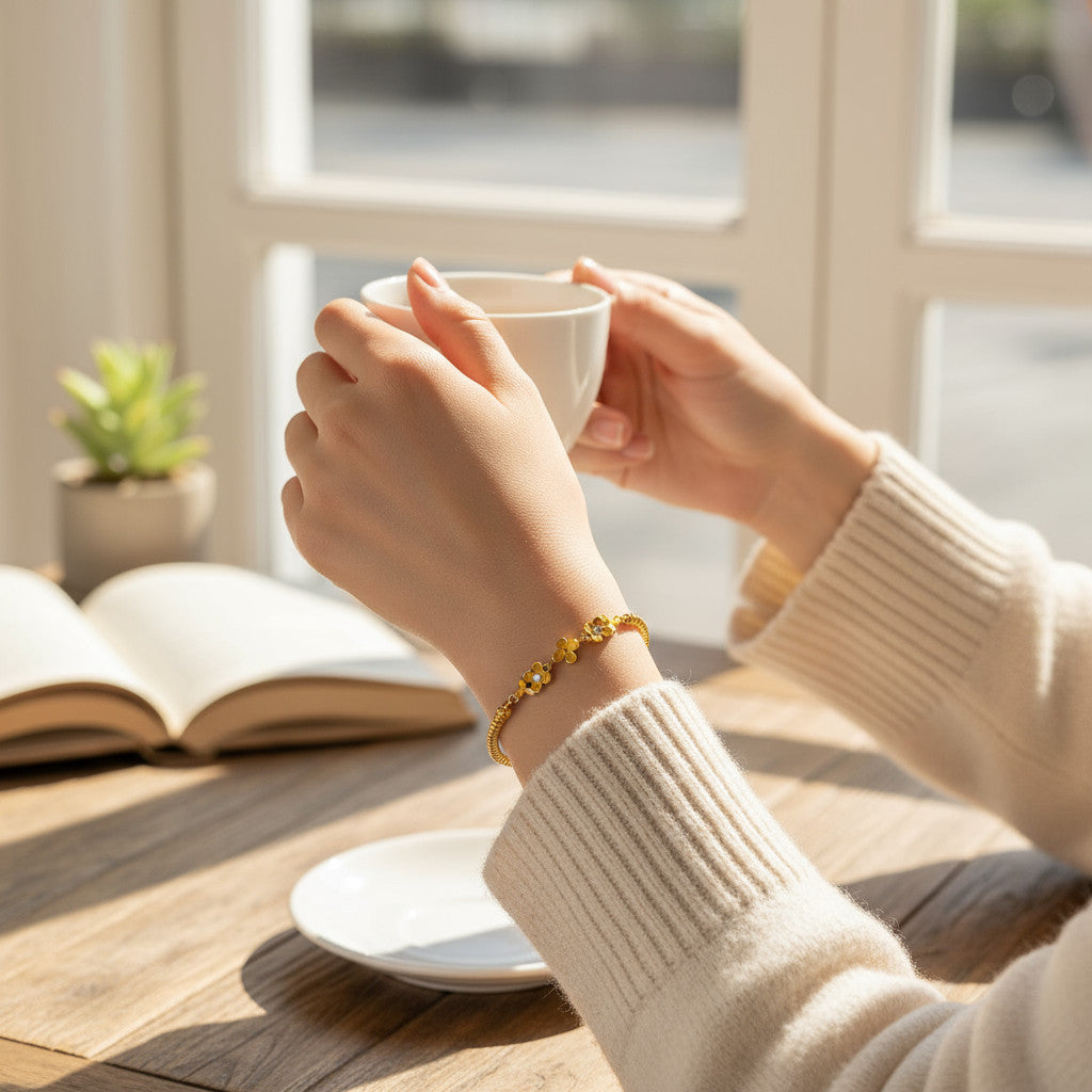 24k Pure Solid 999 Gold Osmanthus Flower Charm Beads Bracelet