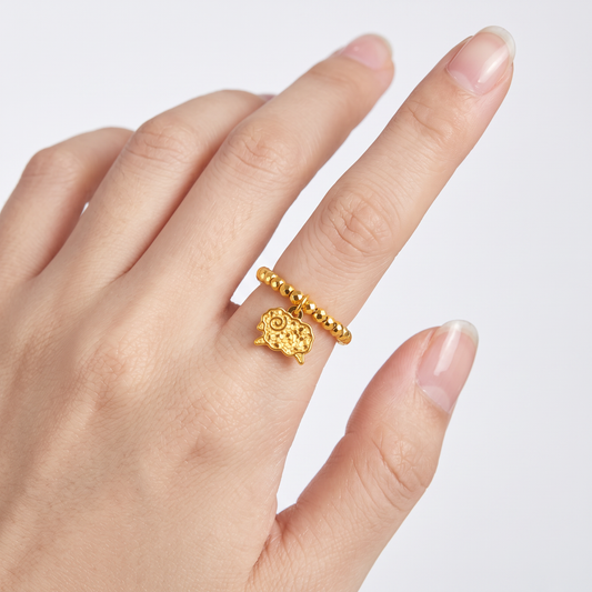 24K Gold Shinning Goat Sheep Charm Chinese Zodiac Beaded Ring