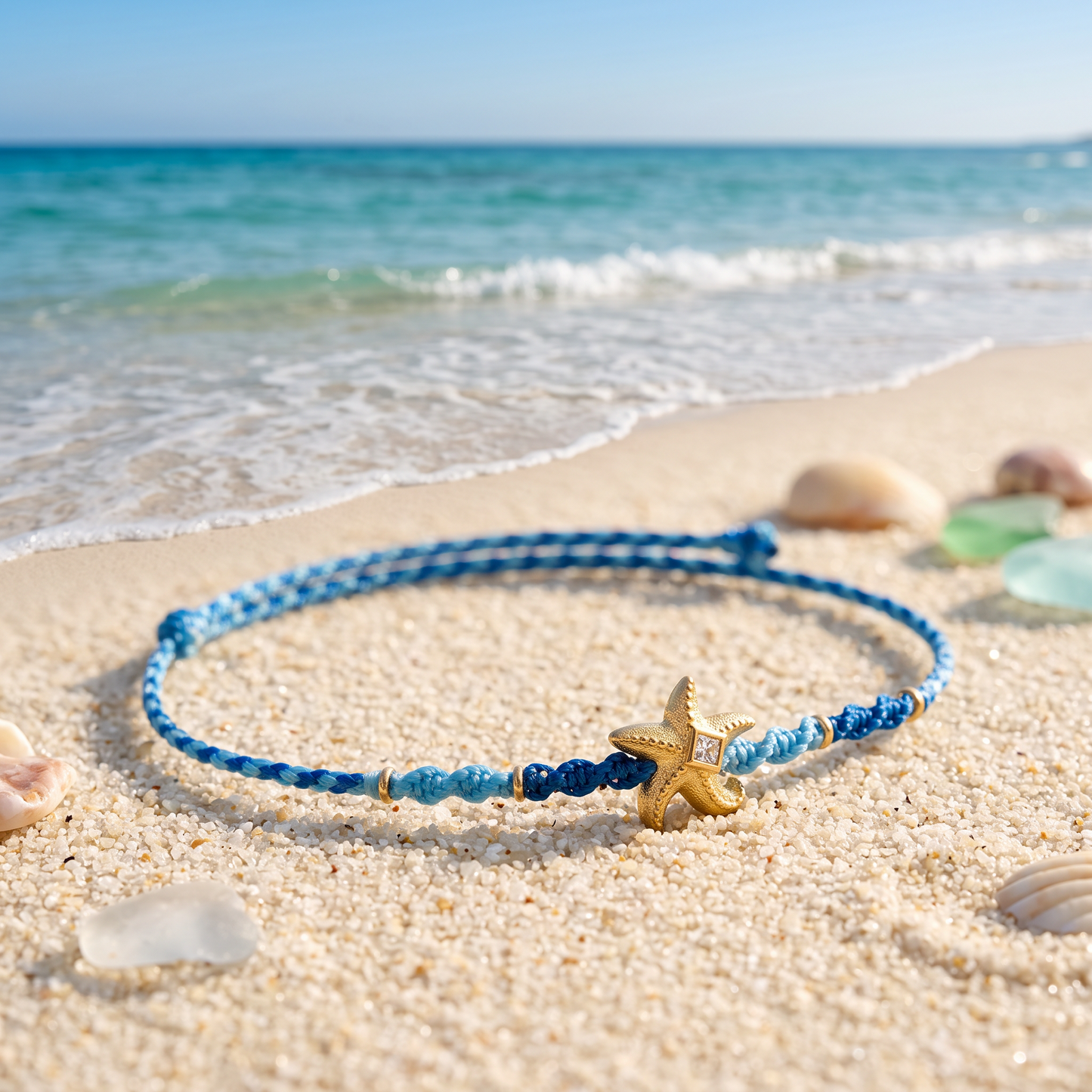 24K Gold Sea Star Zircon Charm with Cord Braided Adjustable Bracelet