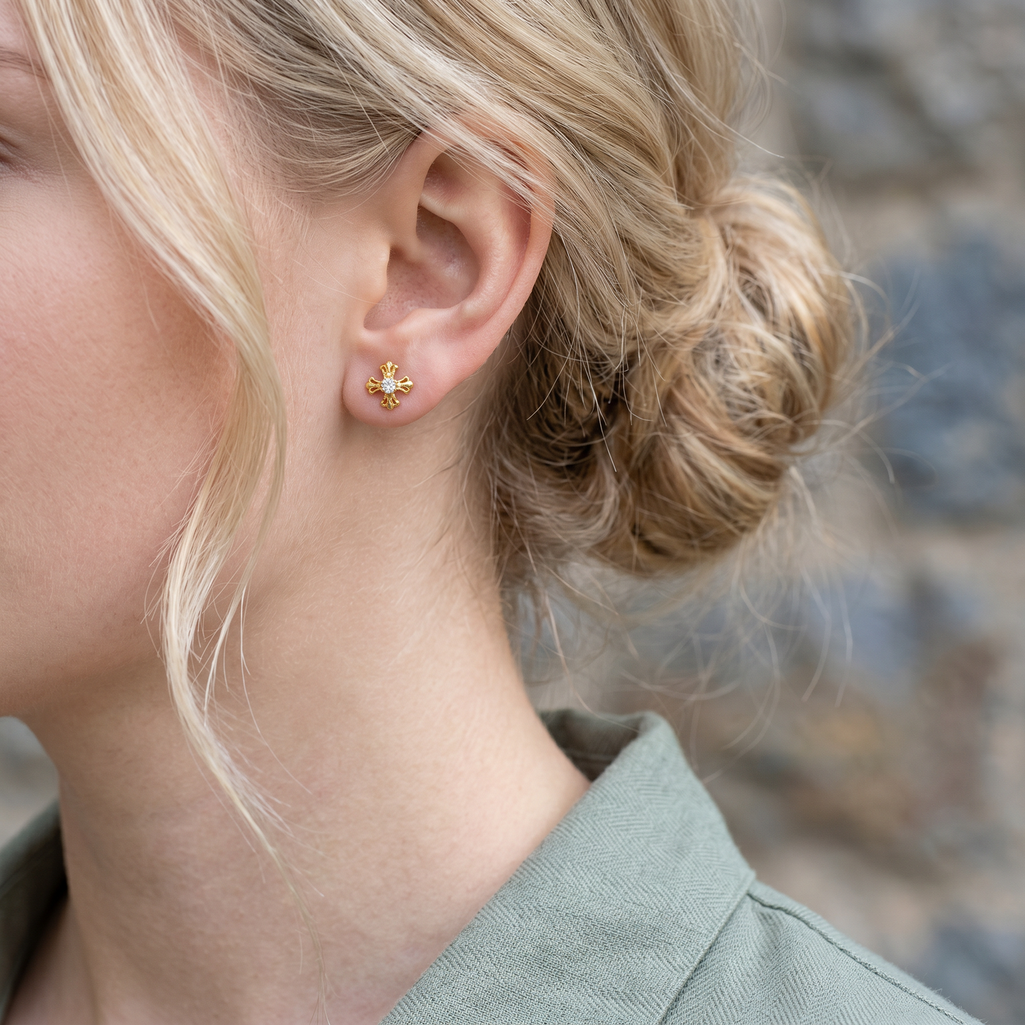 18K Fine Gold Cross Minimal Style Stud Earrings