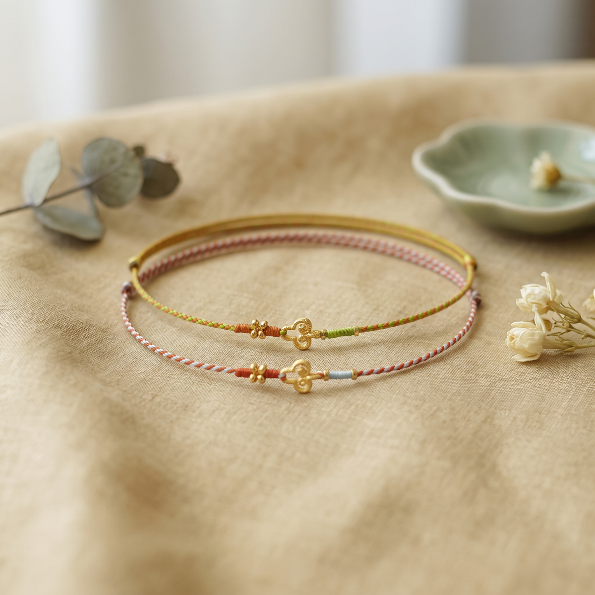 24k 999 Gold Ruyi Luck Charm Ultra Thin Cord Adjustable Unisex Bracelet