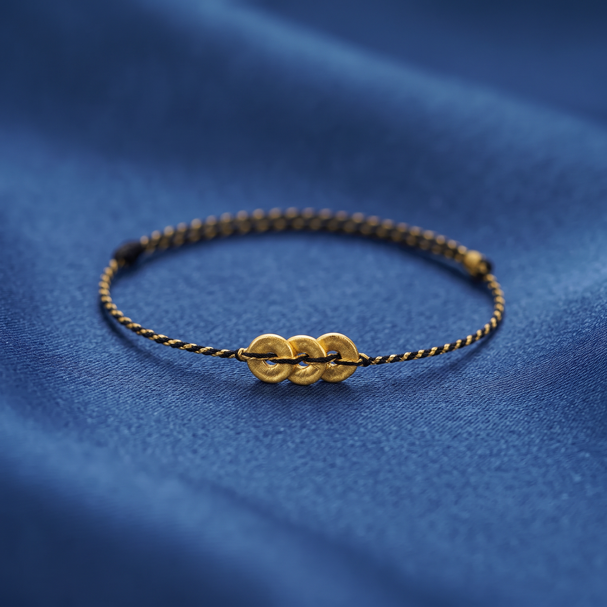 24K Gold Chinese Coin Charm Thin Adjustable Cord Wealth Luck Ring