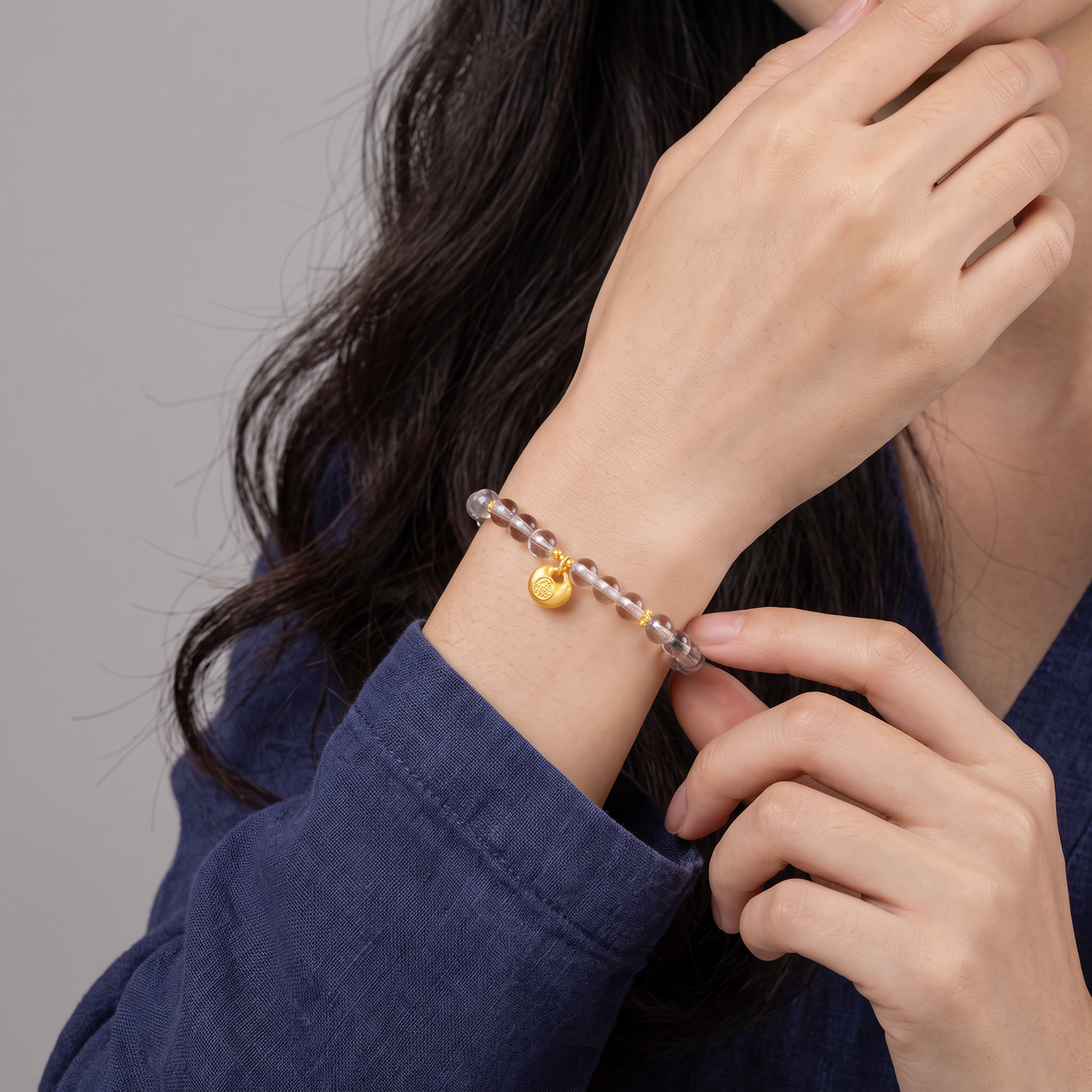 24K 999 Gold Blessing Lock Charm with Clear Quartz Beads Elastic Bracelet
