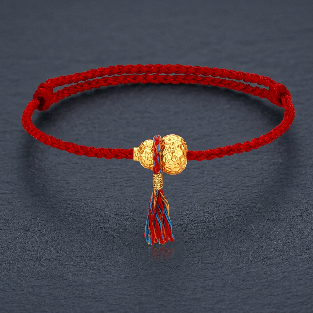24K Fine Gold Gourd Charm Tassel Braided Cord String Adjustable Bracelet