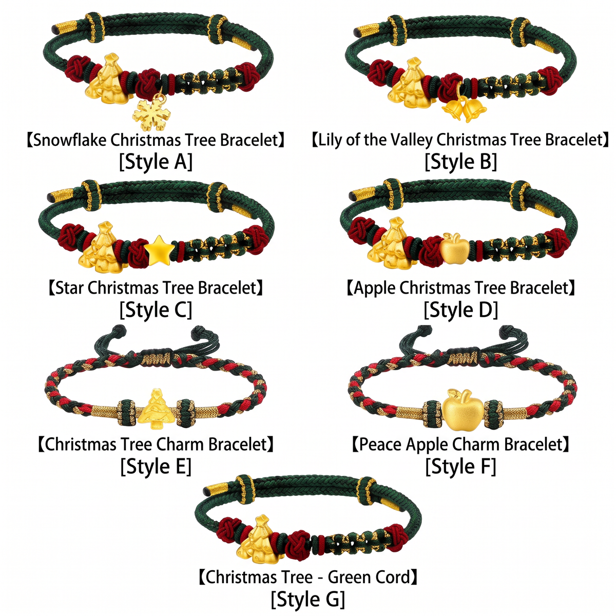 24k 999 Christmas Holiday Tree Snowflake Charm Cord Adjustable Bracelet