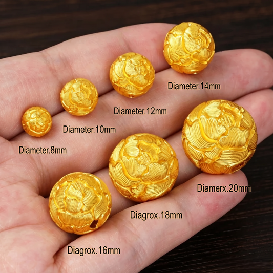 24K 999 Solid Gold Peony Flower Spacer Round Beads D.I.Y Charm