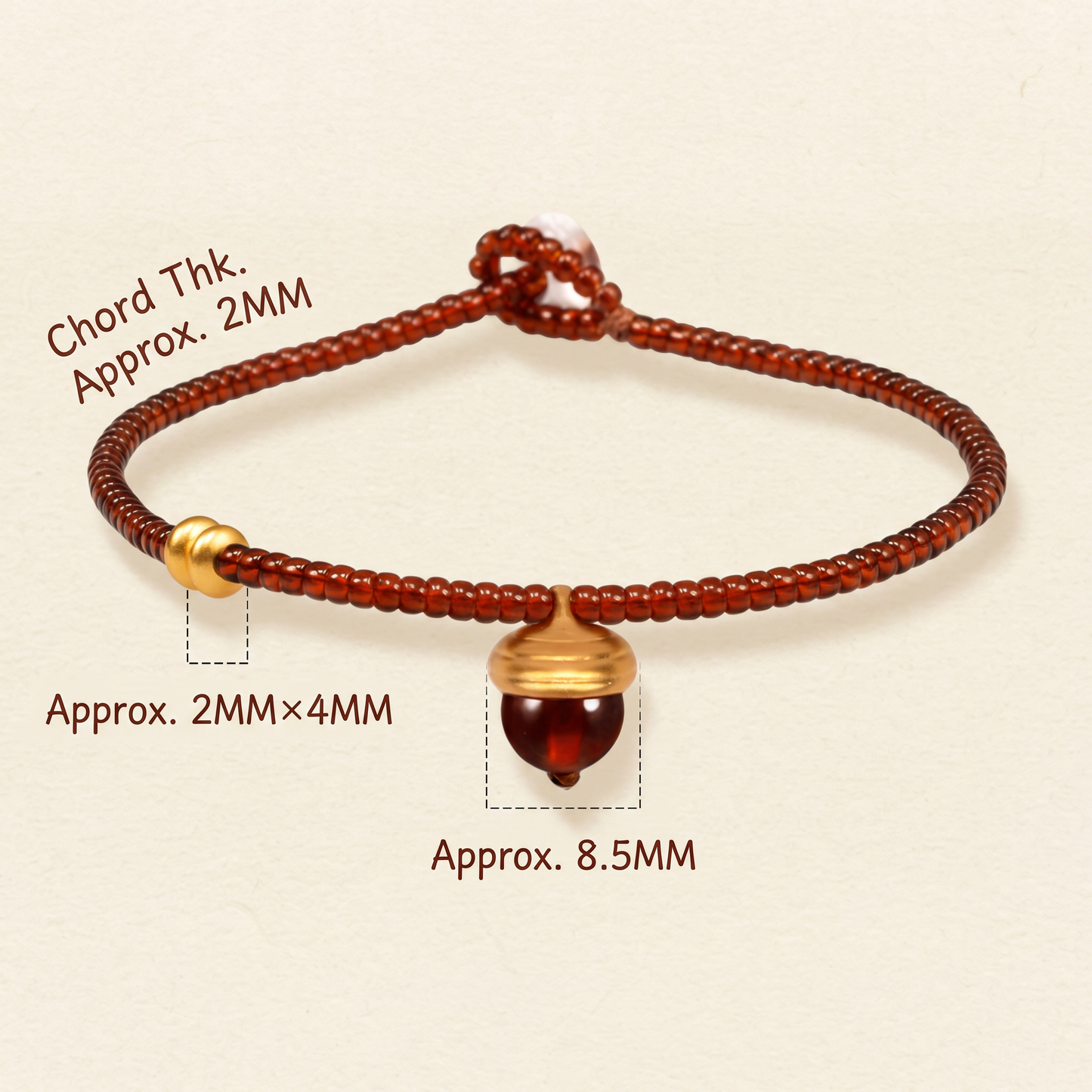 24k Pure 999 Gold Garnet Acorn Charm Bracelet