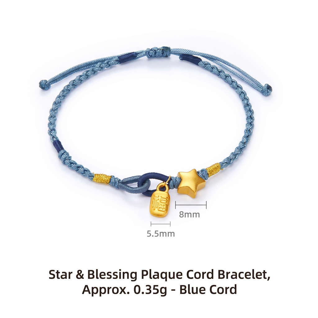 24K 999 5D Hard Gold Mini Chinese Fu Blessing Charm Star Weaving Bracelet