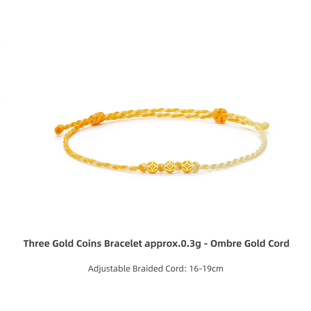 24K 999 5G Hard Gold Mini Chinese Coin Charms Thin Weaving Bracelet