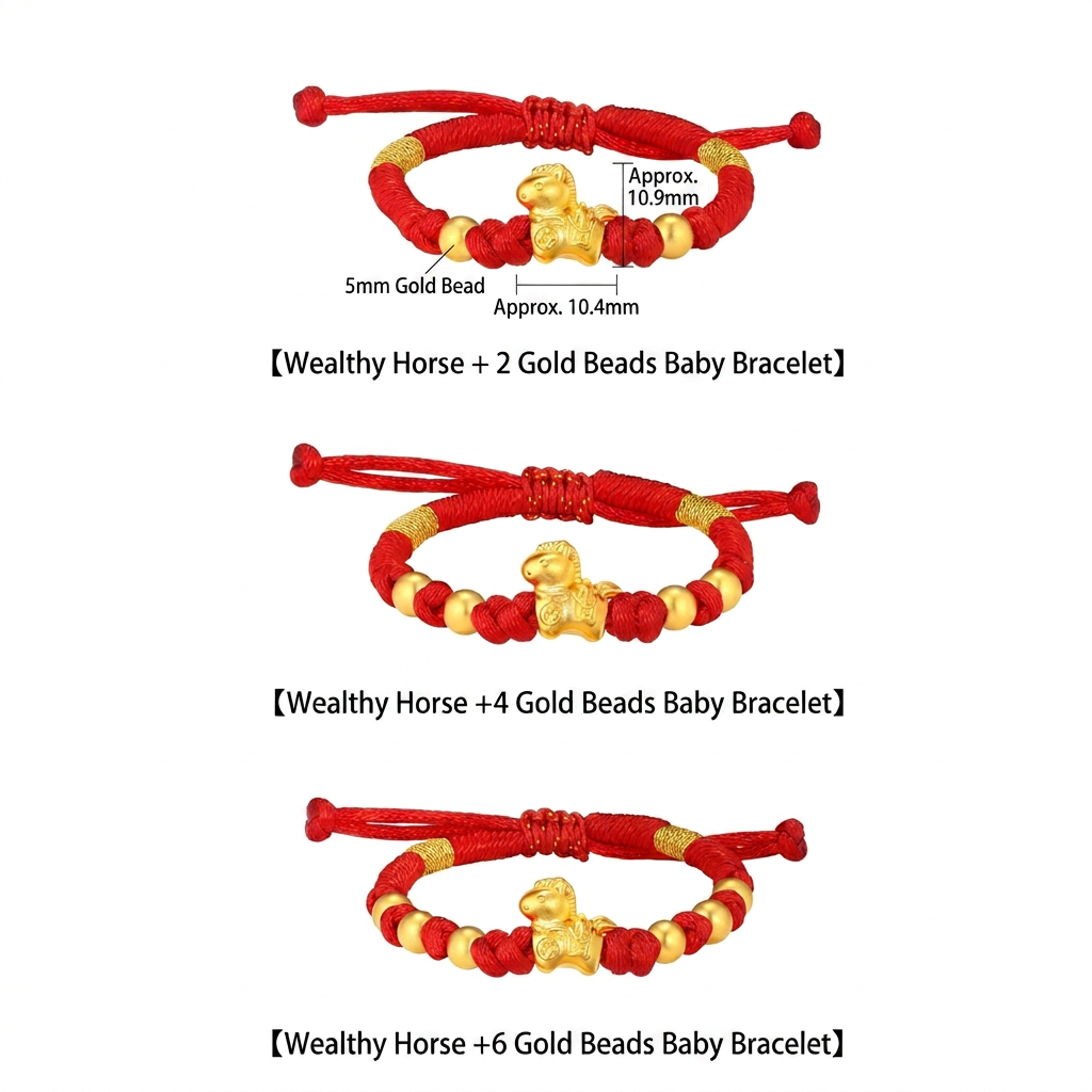 24K 999 Gold Zodiac Horse Charm Red String Braided Bracelet Infants and Children Gift
