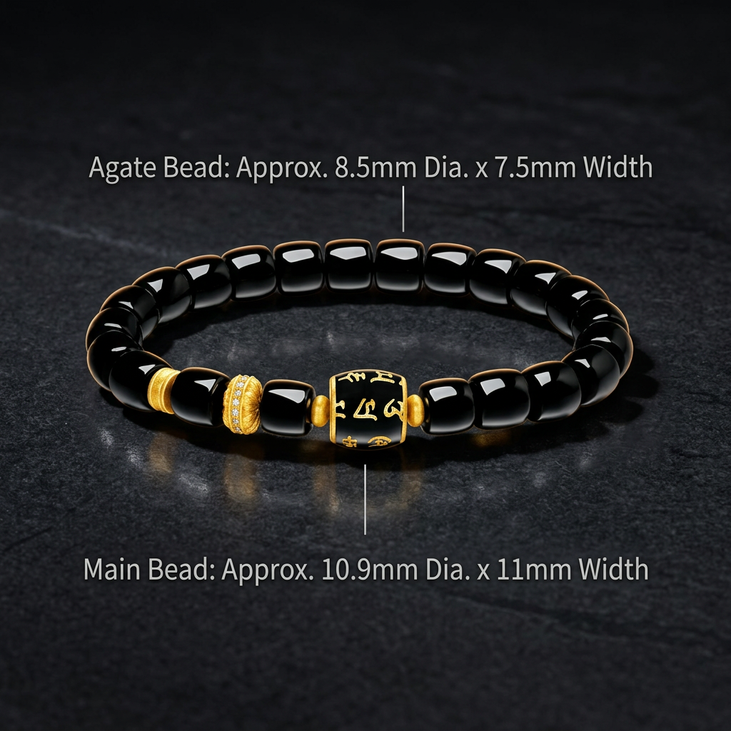24K Gold Diamond Enamel Charm Buddhist Mantra Black Agate Unisex Beads Bracelet