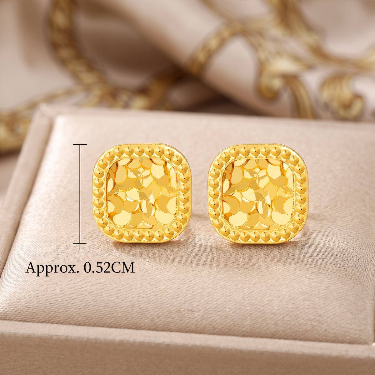 18K Fine Gold Shimmer Cube Square Stud Earrings