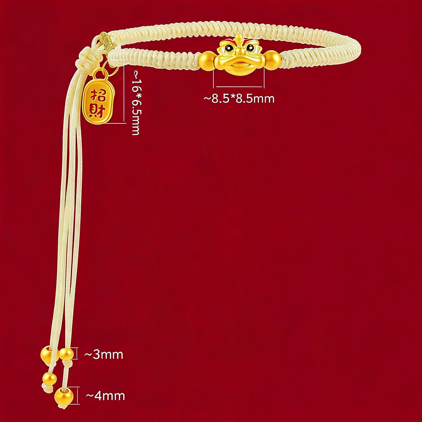 24K 999 Gold Enamel Dance Lion Charm String Cord Adjustable Bracelet