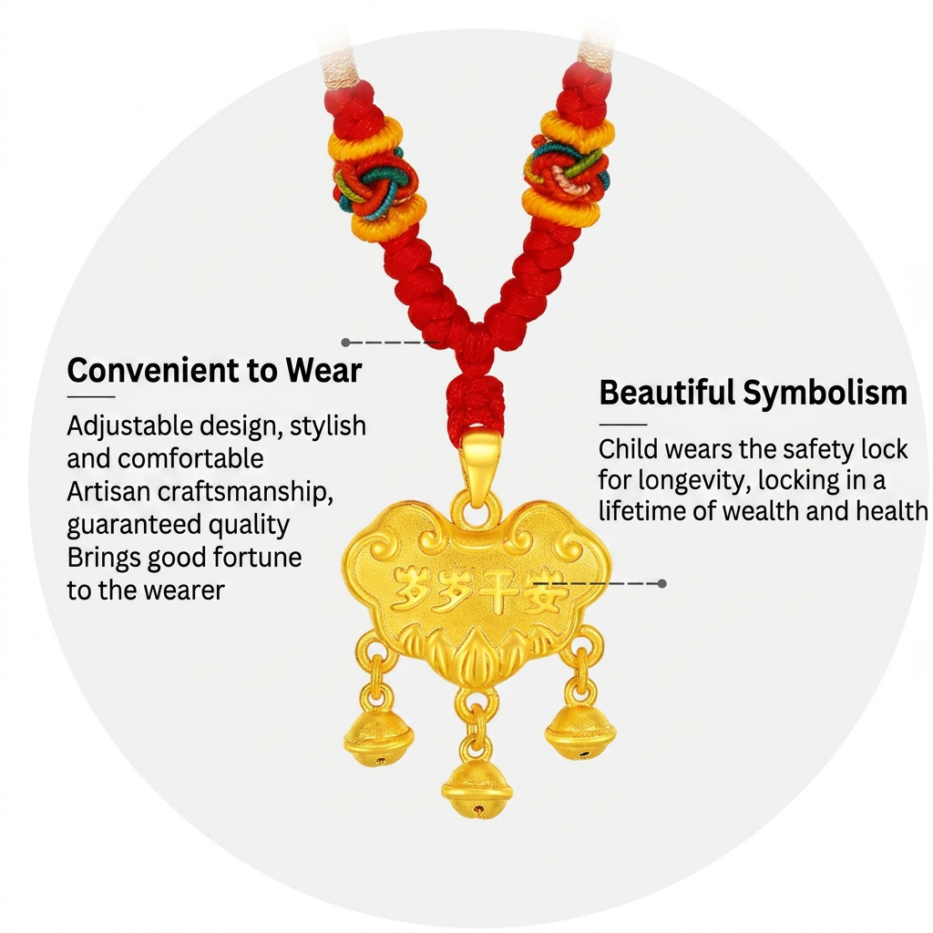 24K Gold Baby Longevity Lock Bell Pendant Weaving Necklace Full-Month & First Birthday Gift