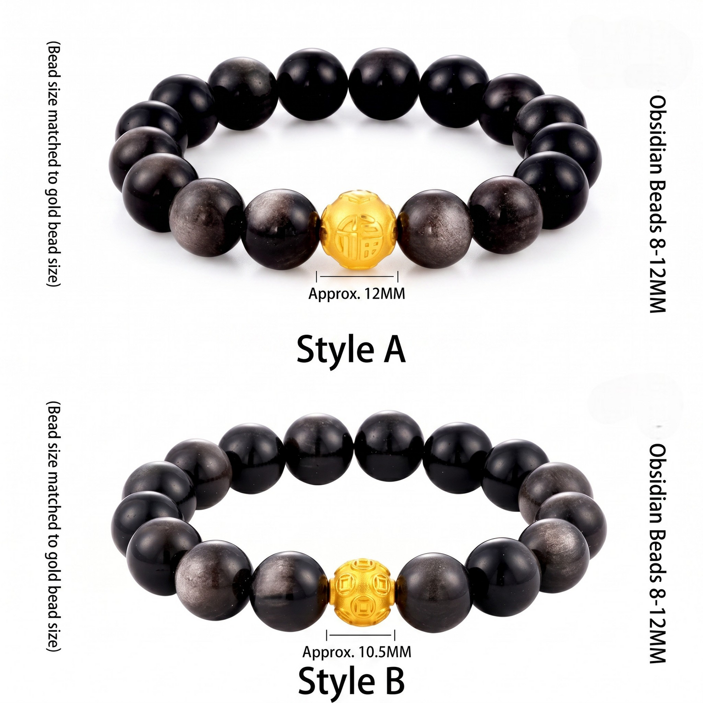 24K 999 Gold Coin Blessing Charm with Silver Sheen Obsidian Beads Bracelet