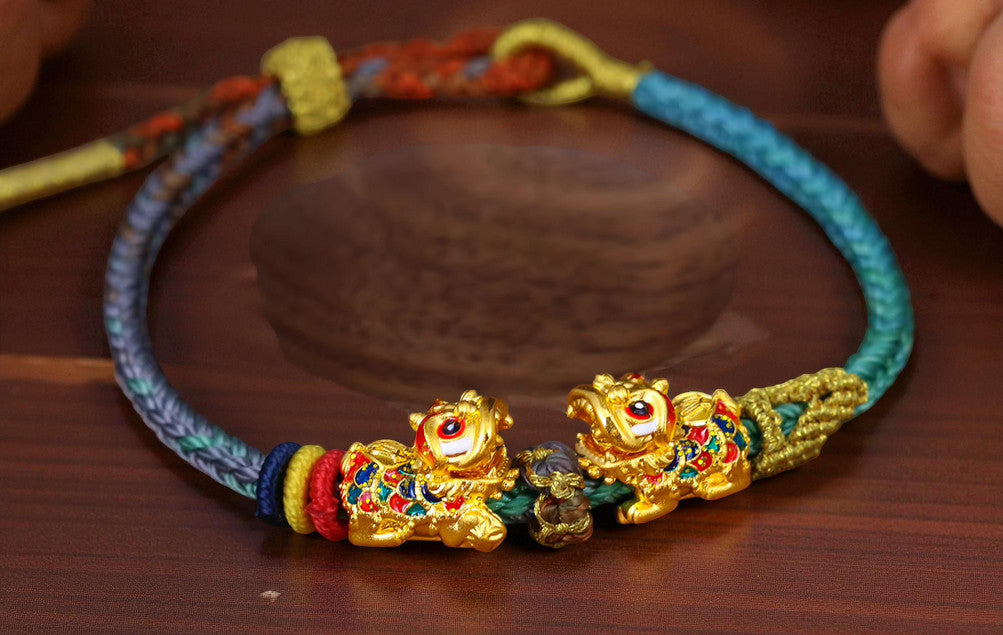 24K Pure 999 Cloisonné Enamel Lion Dance Gold D.I.Y Charm Pendant Bringing Wealth Good Fortune