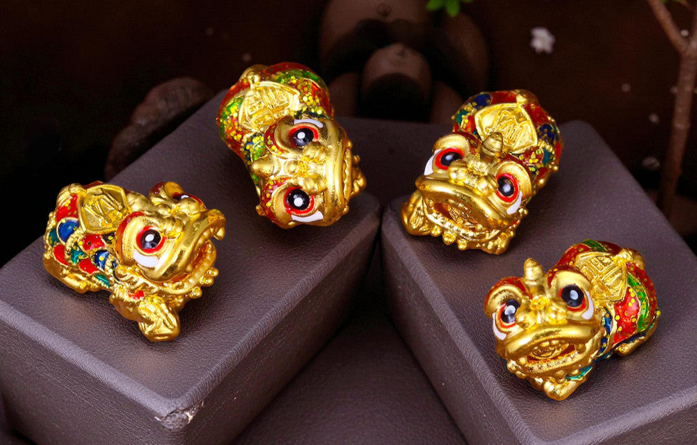 24K Pure 999 Cloisonné Enamel Lion Dance Gold D.I.Y Charm Pendant Bringing Wealth Good Fortune