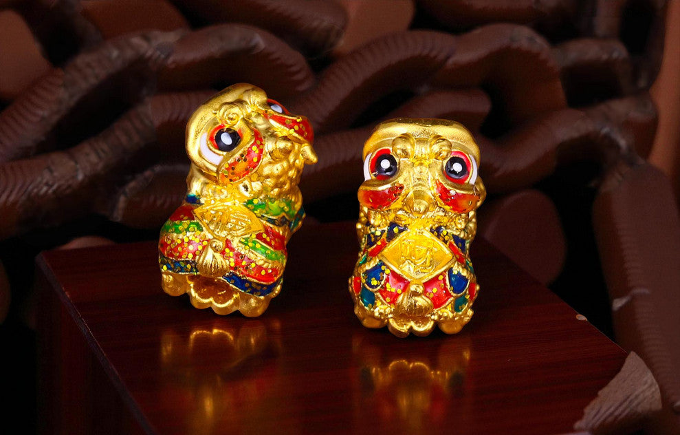 24K Pure 999 Cloisonné Enamel Lion Dance Gold D.I.Y Charm Pendant Bringing Wealth Good Fortune