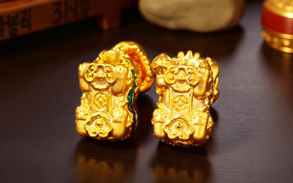 24K Pure 999 Cloisonné Enamel Lion Dance Gold D.I.Y Charm Pendant Bringing Wealth Good Fortune