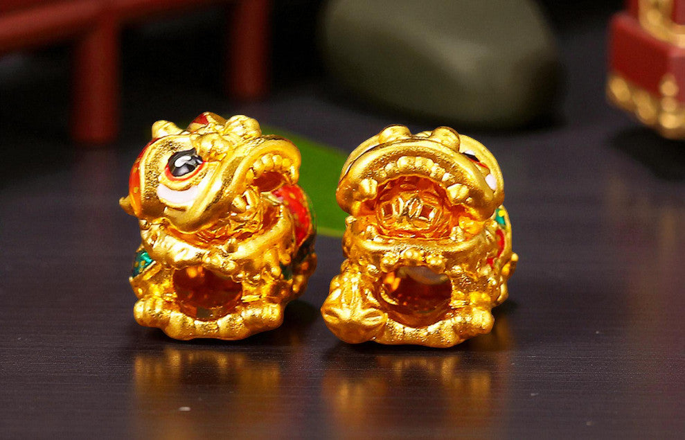 24K Pure 999 Cloisonné Enamel Lion Dance Gold D.I.Y Charm Pendant Bringing Wealth Good Fortune