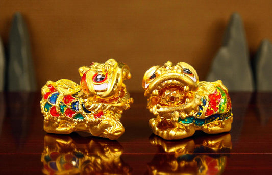24K Pure 999 Cloisonné Enamel Lion Dance Gold D.I.Y Charm Pendant Bringing Wealth Good Fortune