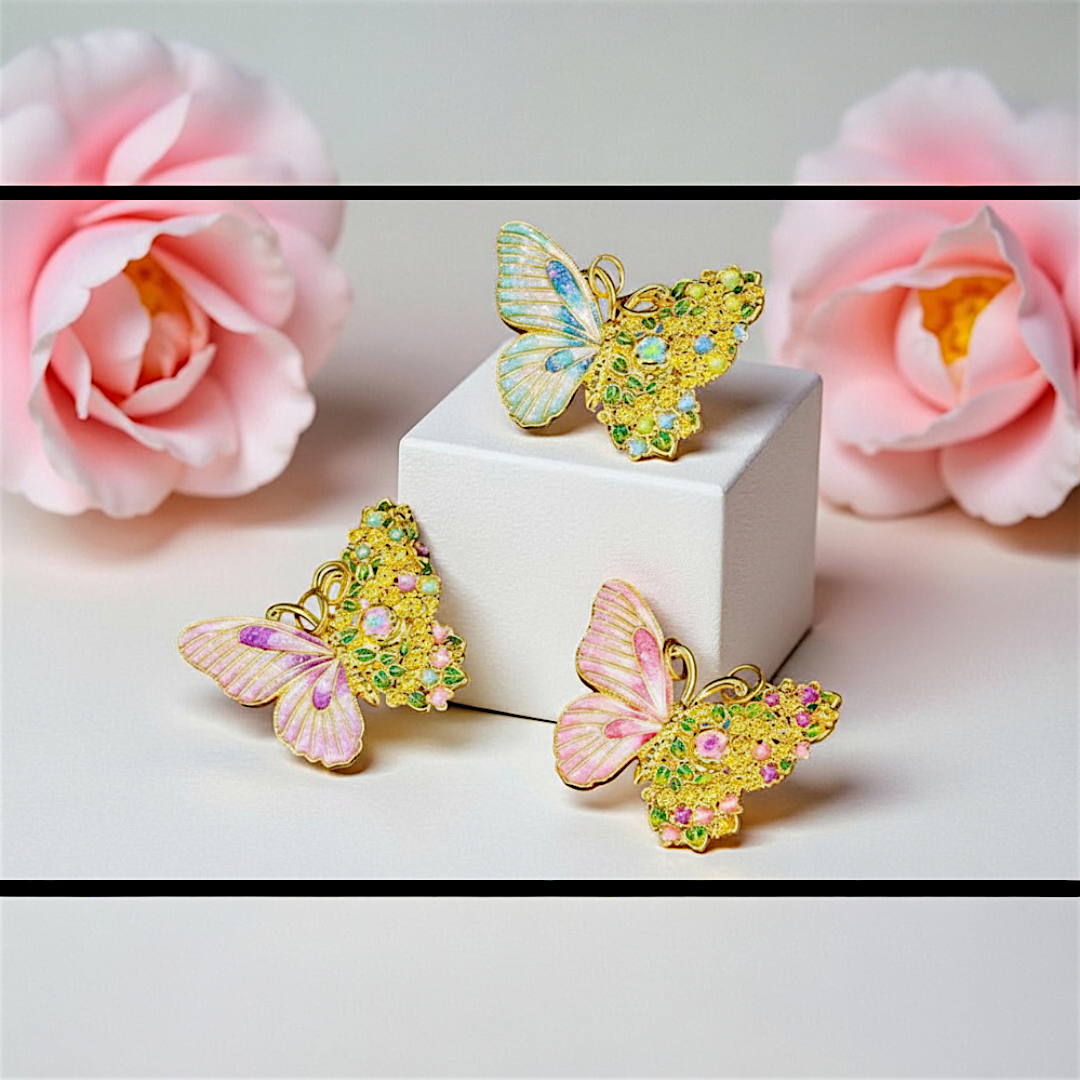 24K Pure 999 Cloisonné Enamel Colorful Butterfly D.I.Y Charm Pendant