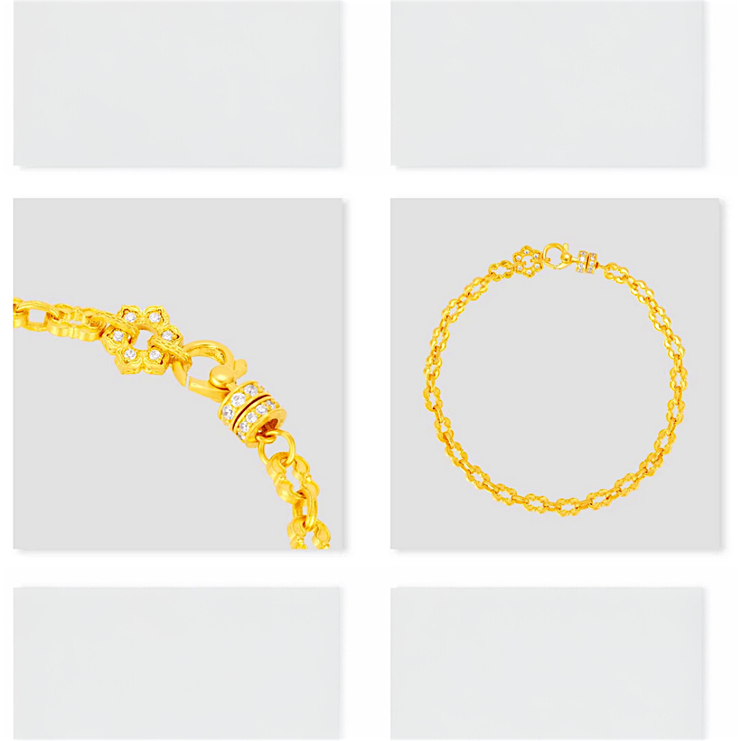 24k Pure Solid 999 Gold Lucky Charm Lotus Flower Chain and Link Bracelet