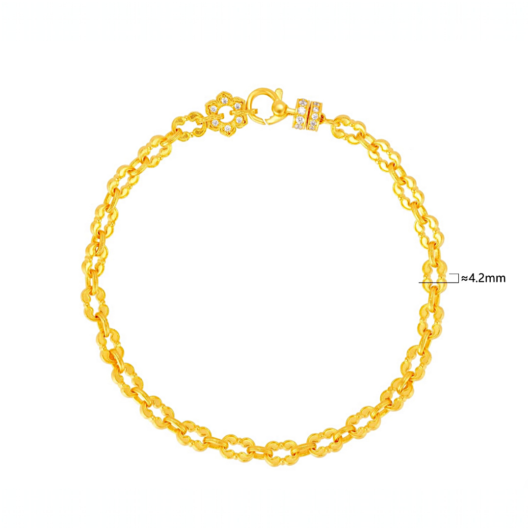 24k Pure Solid 999 Gold Lucky Charm Lotus Flower Chain and Link Bracelet