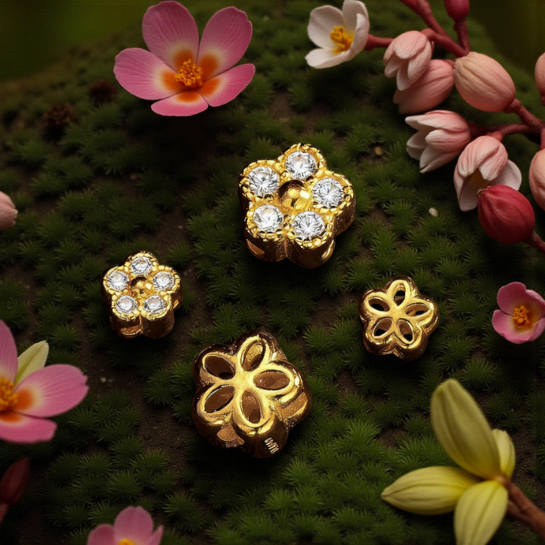 24k Pure 999 Gold D.I.Y Loose Small Zircon Cherry Blossom Flower Charm Spacer Accessories For Jewelry Making Craft
