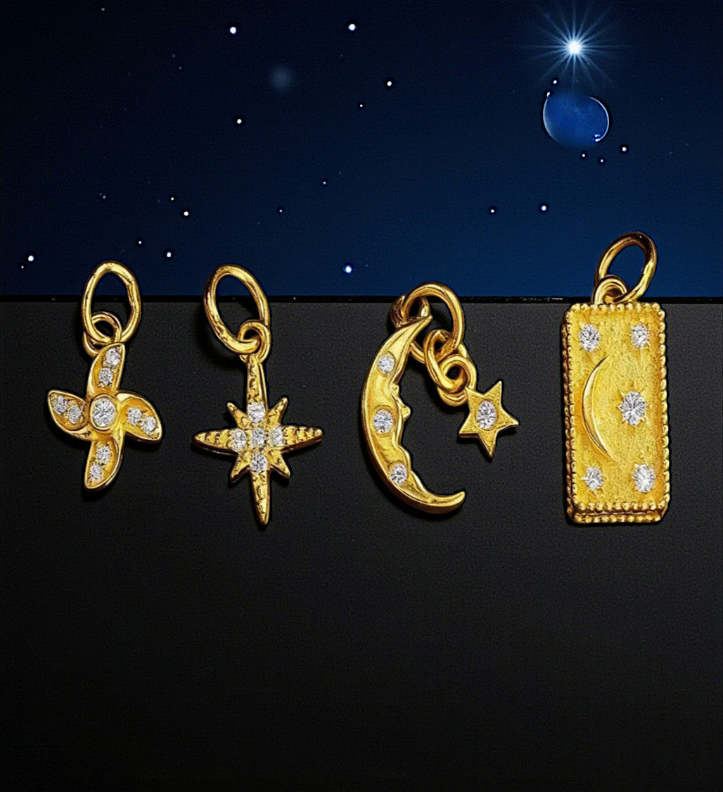 24k Pure 999 Gold Eight-pointed Star and Moon Pendant D.I.Y Charm