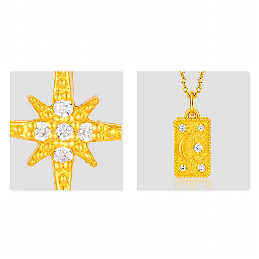 24k Pure 999 Gold Eight-pointed Star and Moon Pendant D.I.Y Charm