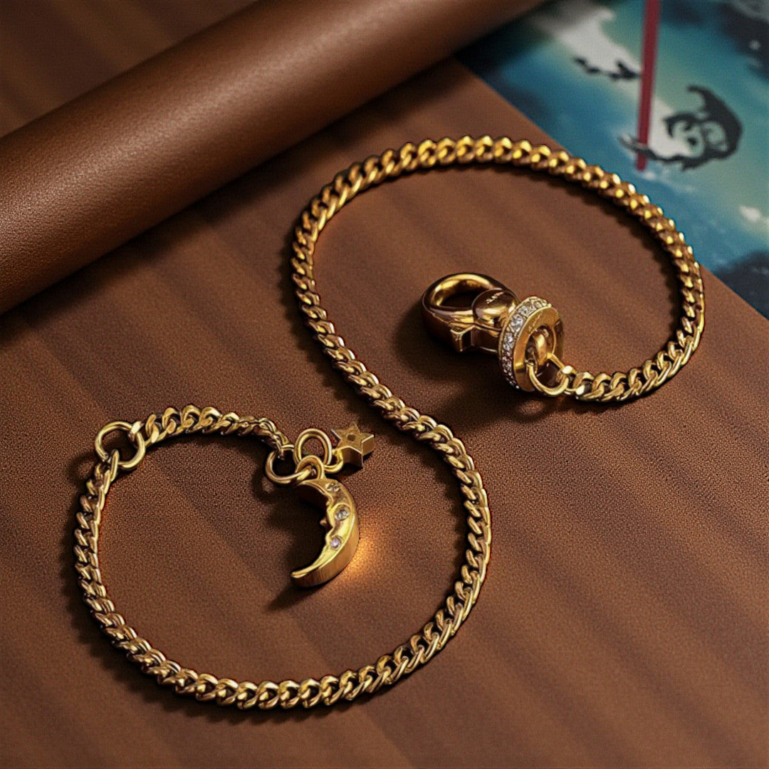 24k Pure Solid 999 Gold Moon Charm Beads Chain Bracelet