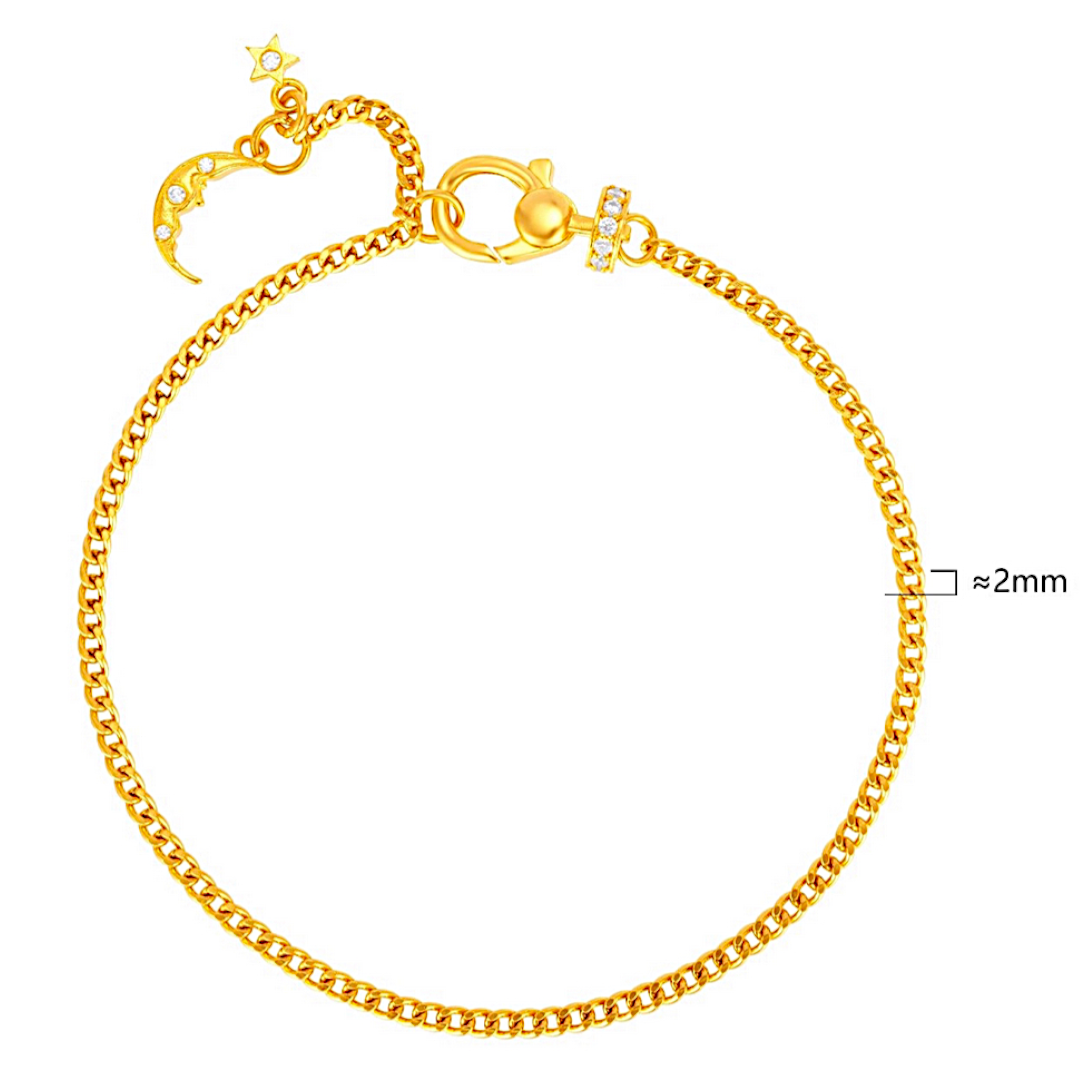 24k Pure Solid 999 Gold Moon Charm Beads Chain Bracelet