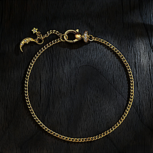 24k Pure Solid 999 Gold Moon Charm Beads Chain Bracelet