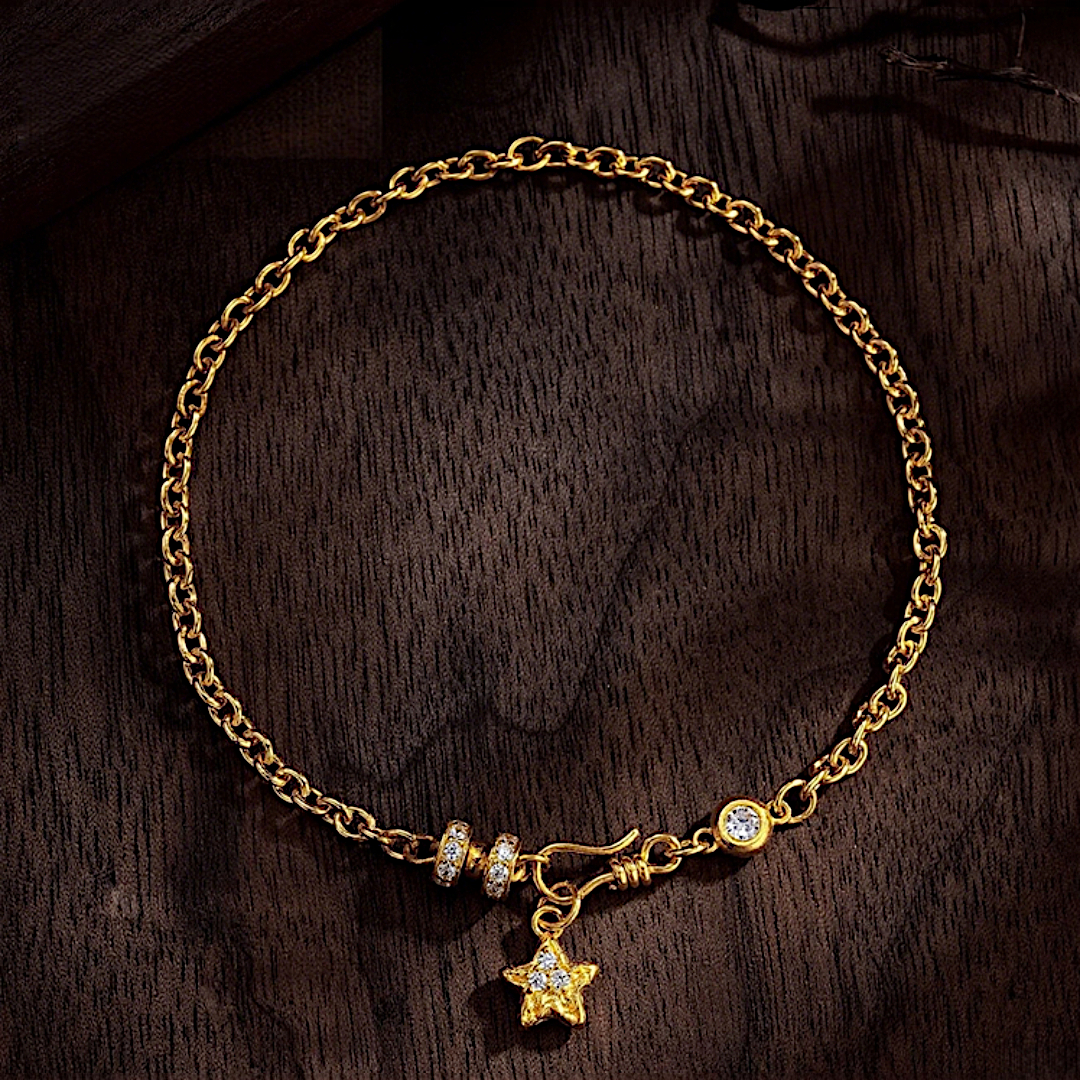 24k Pure 999 Gold Starry Sky Star Charm Chain and Link Bracelet