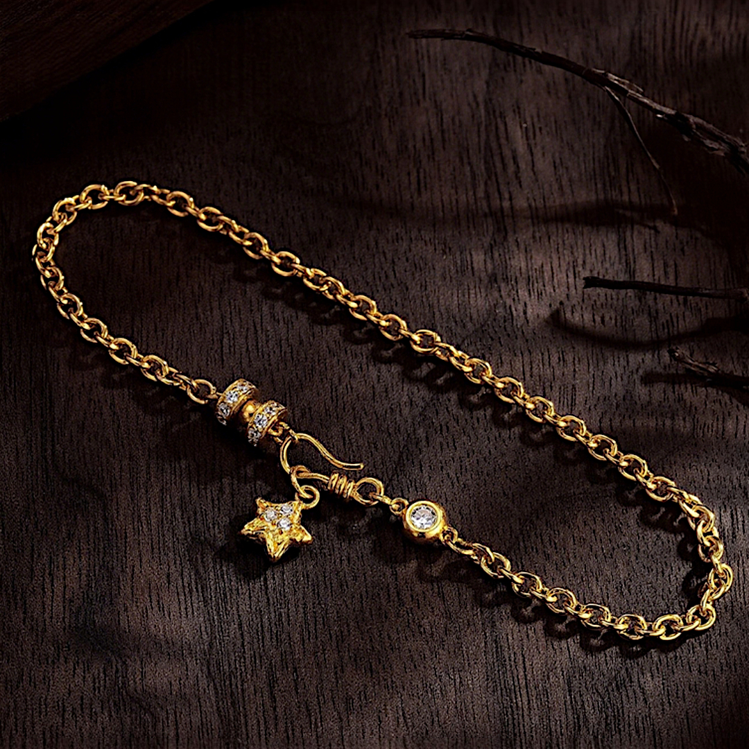 24k Pure 999 Gold Starry Sky Star Charm Chain and Link Bracelet