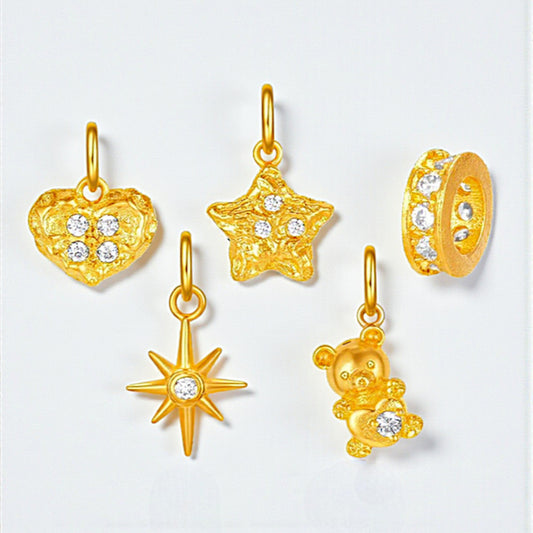 24k Pure 999 Gold Moissanite Star and Heart Teddy Bear Pendant D.I.Y Charm