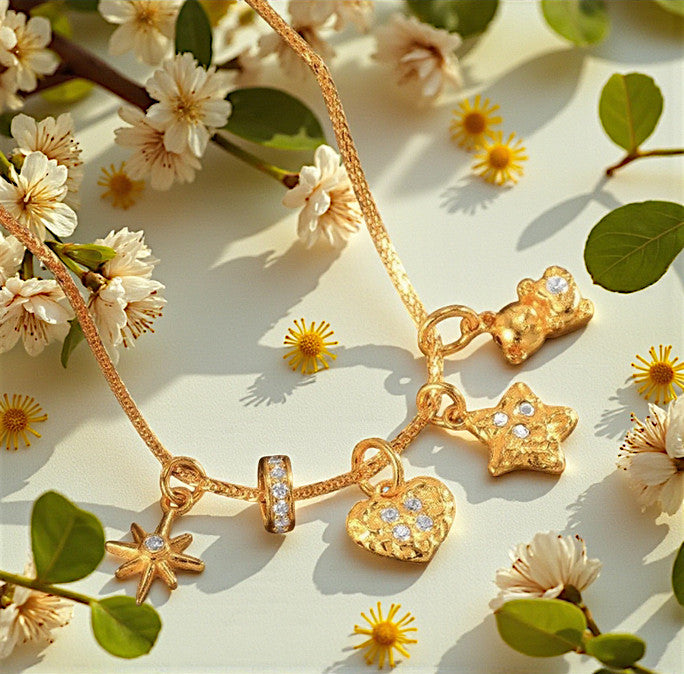 24k Pure 999 Gold Moissanite Star and Heart Teddy Bear Pendant D.I.Y Charm