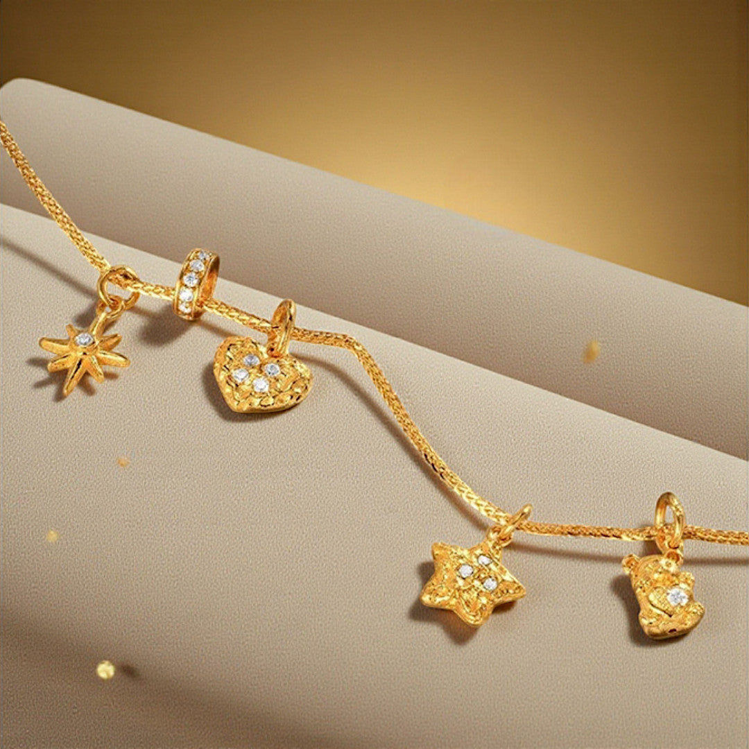 24k Pure 999 Gold Moissanite Star and Heart Teddy Bear Pendant D.I.Y Charm