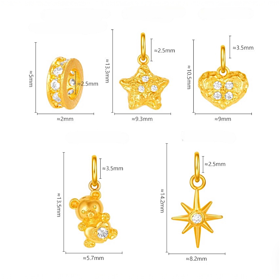 24k Pure 999 Gold Moissanite Star and Heart Teddy Bear Pendant D.I.Y Charm