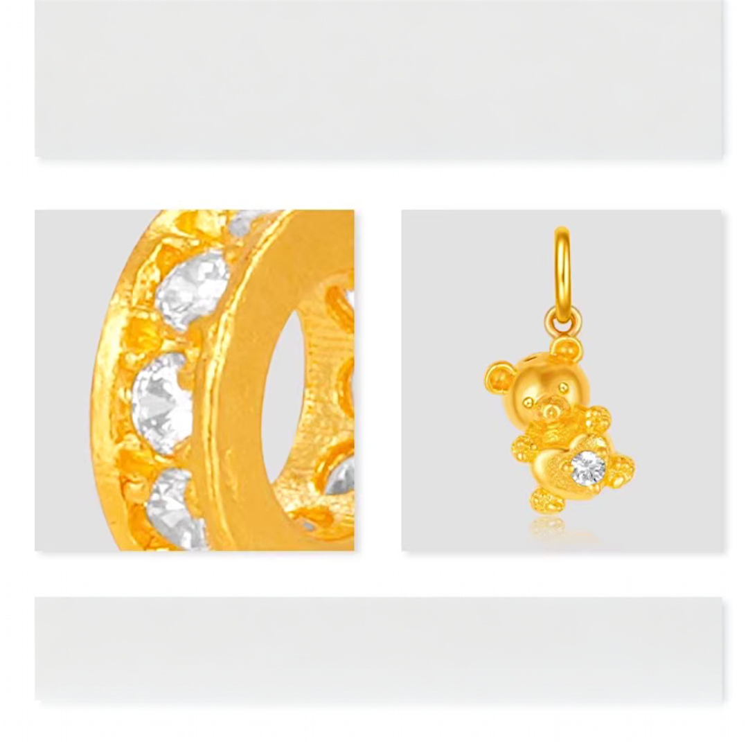 24k Pure 999 Gold Moissanite Star and Heart Teddy Bear Pendant D.I.Y Charm