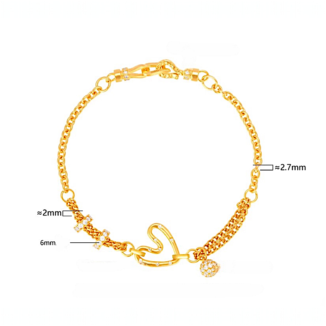 24k Pure 999 Gold Heart Charm Chain and Link Bracelet