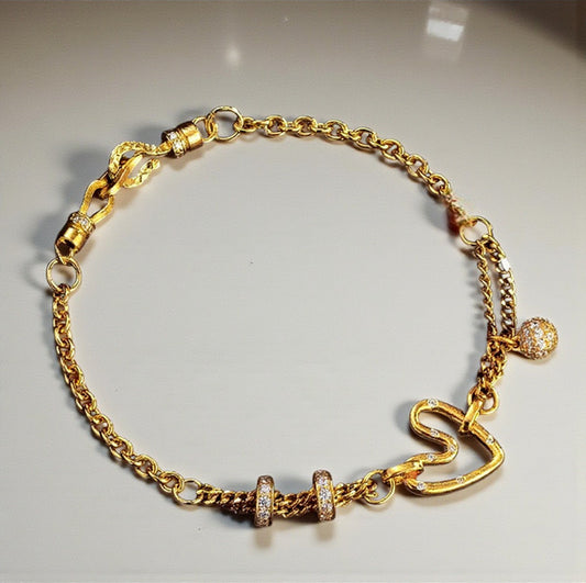24k Pure 999 Gold Heart Charm Chain and Link Bracelet