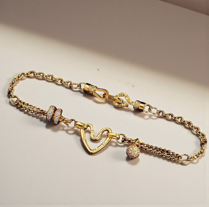 24k Pure 999 Gold Heart Charm Chain and Link Bracelet