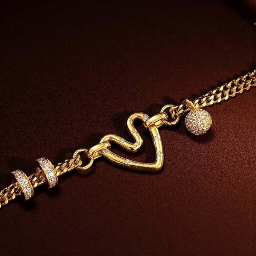 24k Pure 999 Gold Heart Charm Chain and Link Bracelet