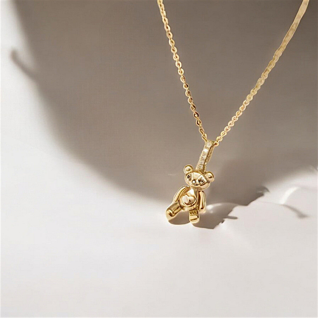 14K Real Gold Cute Teddy Bear Zircon Pendant