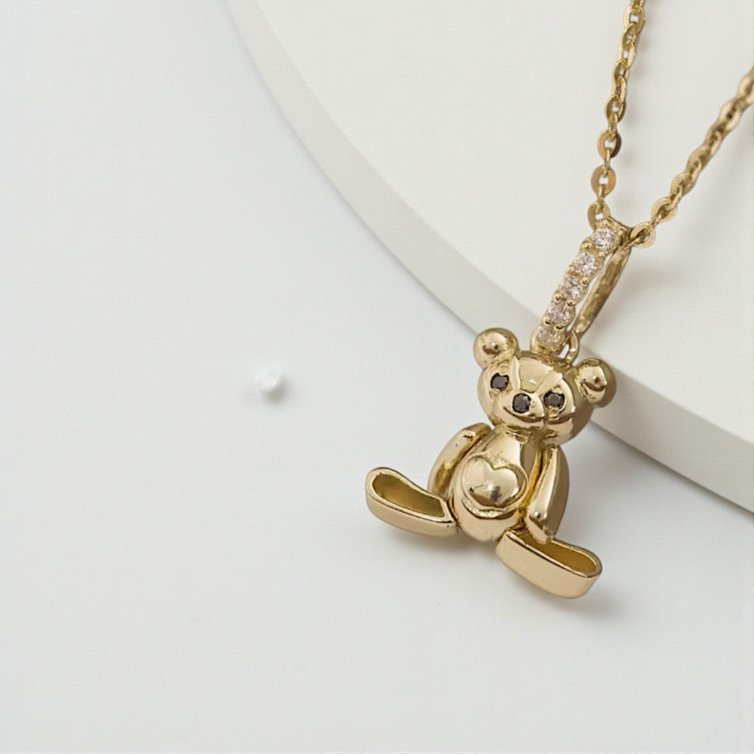 14K Real Gold Cute Teddy Bear Zircon Pendant